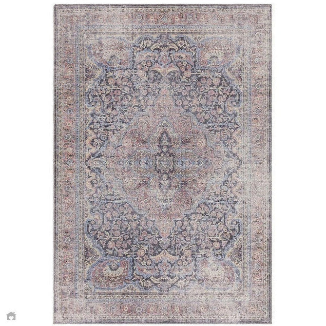 Washable Kaya Rana KY11 Traditional Persian Vintage Distressed Floral Durable Chenille Polyester Flatweave Red/Blue/Multicolourcolour Rug-Asiatic Carpets-Rug Love - The Most Loved Rug Store