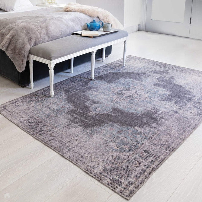 Washable Kaya Roya KY05 Traditional Persian Vintage Distressed Floral Durable Chenille Polyester Flatweave Blue/Black/Grey Rug-Asiatic Carpets-Rug Love - The Most Loved Rug Store