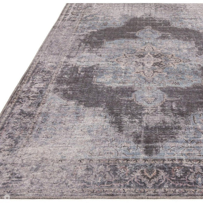 Washable Kaya Roya KY05 Traditional Persian Vintage Distressed Floral Durable Chenille Polyester Flatweave Blue/Black/Grey Rug-Asiatic Carpets-Rug Love - The Most Loved Rug Store