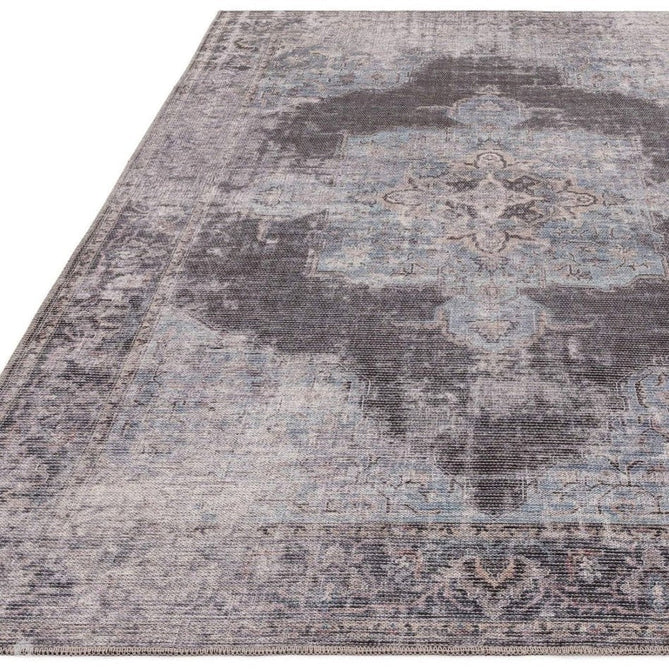 Washable Kaya Roya KY05 Traditional Persian Vintage Distressed Floral Durable Chenille Polyester Flatweave Blue/Black/Grey Rug-Asiatic Carpets-Rug Love - The Most Loved Rug Store