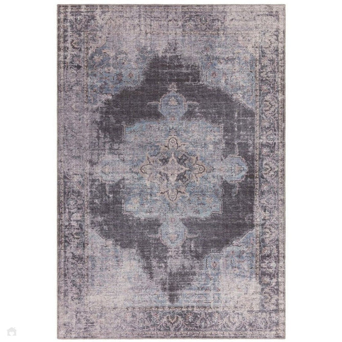 Washable Kaya Roya KY05 Traditional Persian Vintage Distressed Floral Durable Chenille Polyester Flatweave Blue/Black/Grey Rug-Asiatic Carpets-Rug Love - The Most Loved Rug Store