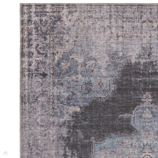 Washable Kaya Roya KY05 Traditional Persian Vintage Distressed Floral Durable Chenille Polyester Flatweave Blue/Black/Grey Rug-Asiatic Carpets-Rug Love - The Most Loved Rug Store