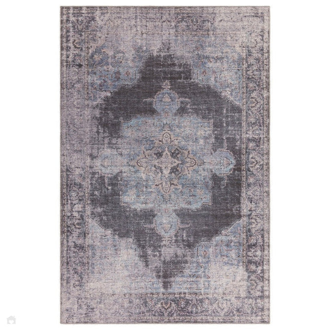 Washable Kaya Roya KY05 Traditional Persian Vintage Distressed Floral Durable Chenille Polyester Flatweave Blue/Black/Grey Rug-Asiatic Carpets-Rug Love - The Most Loved Rug Store