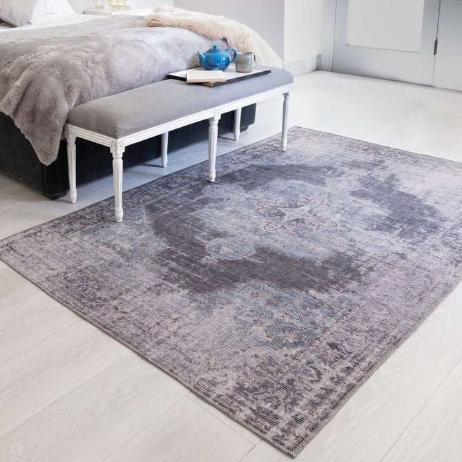 Washable Kaya Roya KY05 Traditional Persian Vintage Distressed Floral Durable Chenille Polyester Flatweave Blue/Black/Grey Rug-Asiatic Carpets-Rug Love - The Most Loved Rug Store