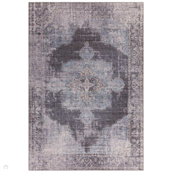Washable Kaya Roya KY05 Traditional Persian Vintage Distressed Floral Durable Chenille Polyester Flatweave Blue/Black/Grey Rug-Asiatic Carpets-Rug Love - The Most Loved Rug Store