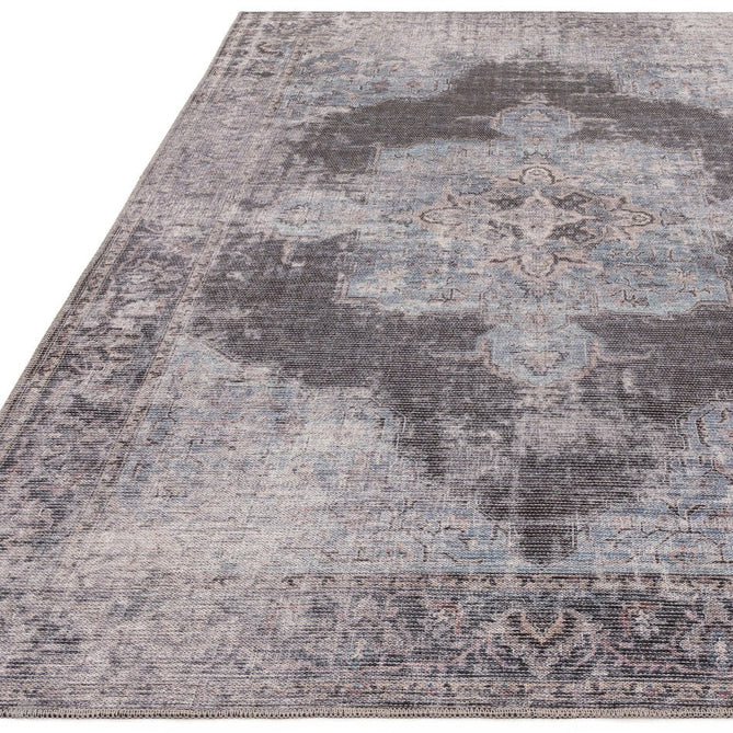 Washable Kaya Roya KY05 Traditional Persian Vintage Distressed Floral Durable Chenille Polyester Flatweave Blue/Black/Grey Rug-Asiatic Carpets-Rug Love - The Most Loved Rug Store
