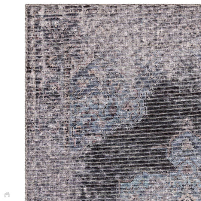 Washable Kaya Roya KY05 Traditional Persian Vintage Distressed Floral Durable Chenille Polyester Flatweave Blue/Black/Grey Rug-Asiatic Carpets-Rug Love - The Most Loved Rug Store