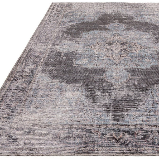 Washable Kaya Roya KY05 Traditional Persian Vintage Distressed Floral Durable Chenille Polyester Flatweave Blue/Black/Grey Rug-Asiatic Carpets-Rug Love - The Most Loved Rug Store