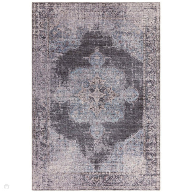 Washable Kaya Roya KY05 Traditional Persian Vintage Distressed Floral Durable Chenille Polyester Flatweave Blue/Black/Grey Rug-Asiatic Carpets-Rug Love - The Most Loved Rug Store