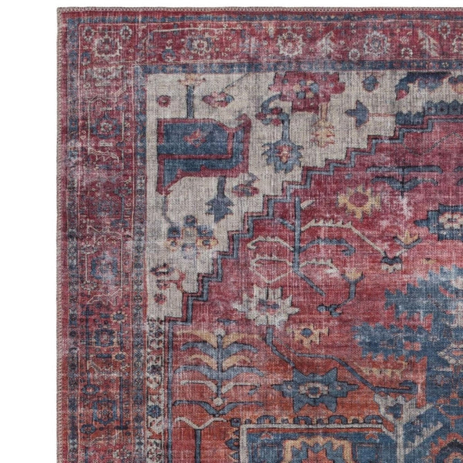 Washable Kaya Shiva KY01 Traditional Persian Vintage Distressed Floral Durable Chenille Polyester Flatweave Red/Blue/Multicolour Rug-Asiatic Carpets-Rug Love - The Most Loved Rug Store