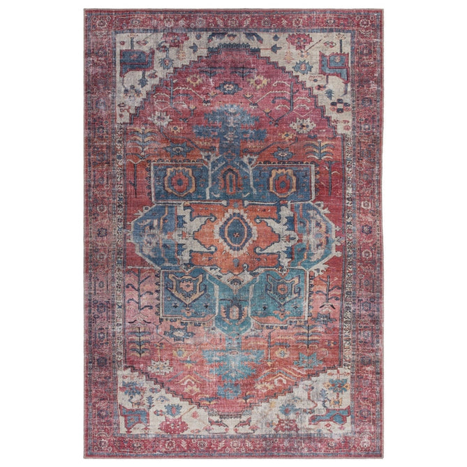 Washable Kaya Shiva KY01 Traditional Persian Vintage Distressed Floral Durable Chenille Polyester Flatweave Red/Blue/Multicolour Rug-Asiatic Carpets-Rug Love - The Most Loved Rug Store