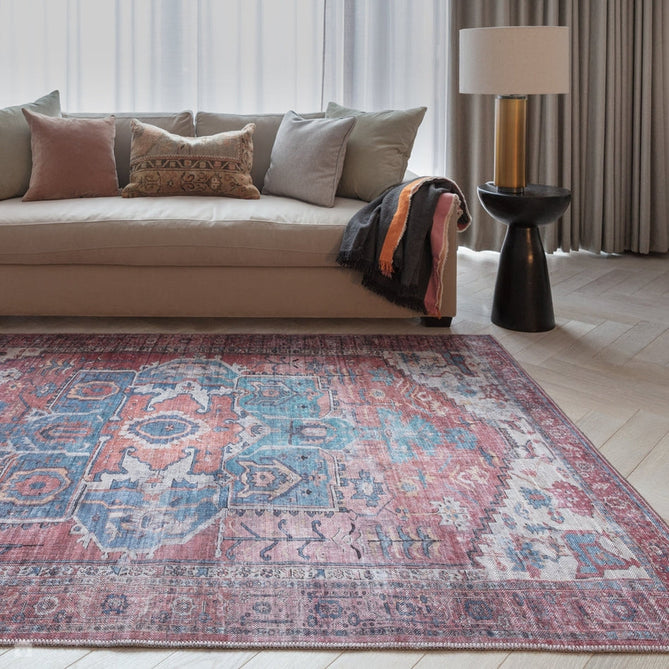 Washable Kaya Shiva KY01 Traditional Persian Vintage Distressed Floral Durable Chenille Polyester Flatweave Red/Blue/Multicolour Rug-Asiatic Carpets-Rug Love - The Most Loved Rug Store
