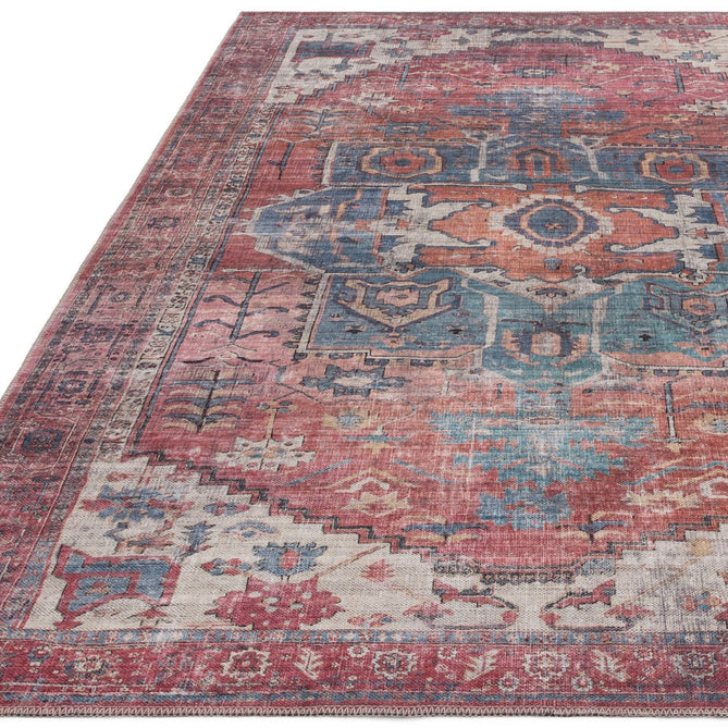 Washable Kaya Shiva KY01 Traditional Persian Vintage Distressed Floral Durable Chenille Polyester Flatweave Red/Blue/Multicolour Rug-Asiatic Carpets-Rug Love - The Most Loved Rug Store