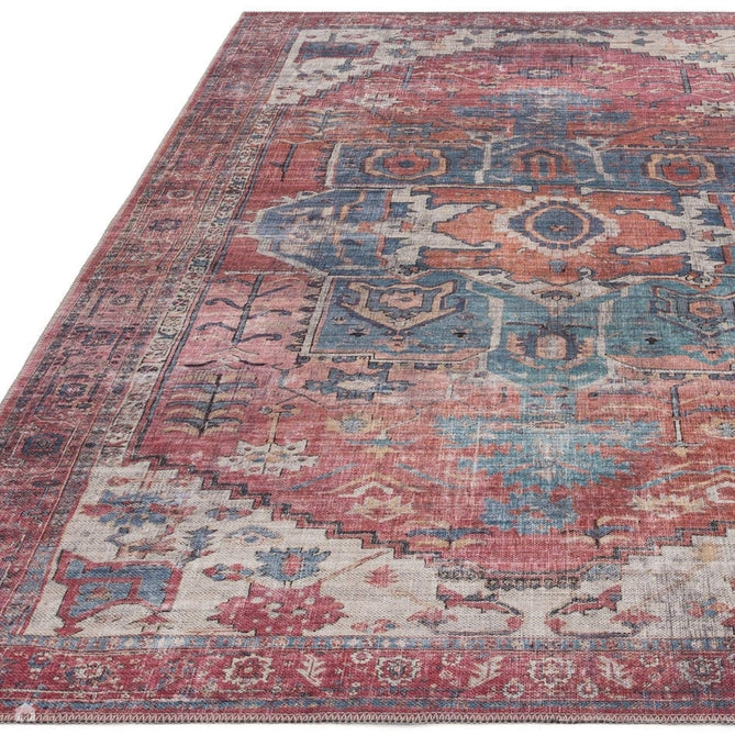 Washable Kaya Shiva KY01 Traditional Persian Vintage Distressed Floral Durable Chenille Polyester Flatweave Red/Blue/Multicolour Rug-Asiatic Carpets-Rug Love - The Most Loved Rug Store