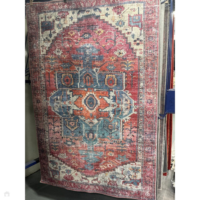 Washable Kaya Shiva KY01 Traditional Persian Vintage Distressed Floral Durable Chenille Polyester Flatweave Red/Blue/Multicolour Rug-Asiatic Carpets-Rug Love - The Most Loved Rug Store