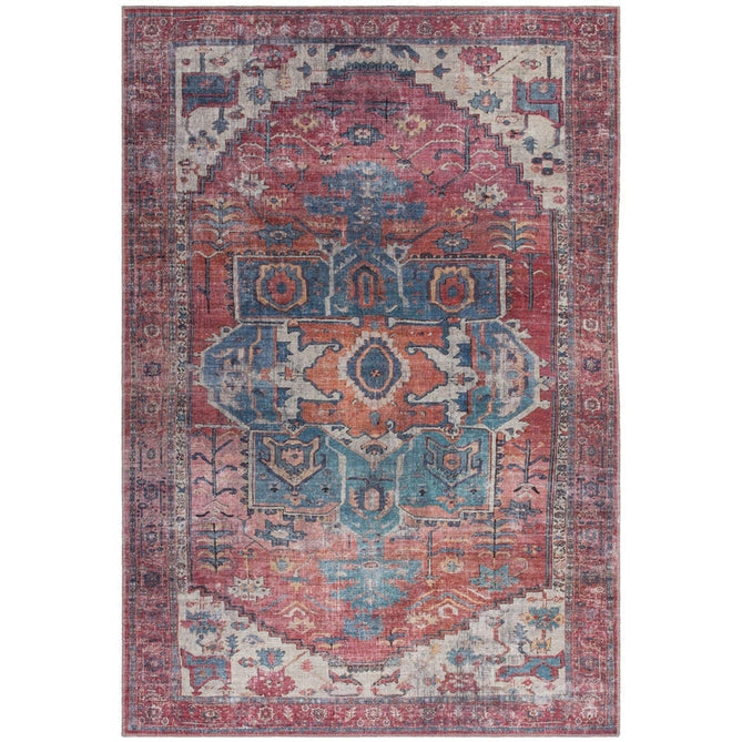 Washable Kaya Shiva KY01 Traditional Persian Vintage Distressed Floral Durable Chenille Polyester Flatweave Red/Blue/Multicolour Rug-Asiatic Carpets-Rug Love - The Most Loved Rug Store