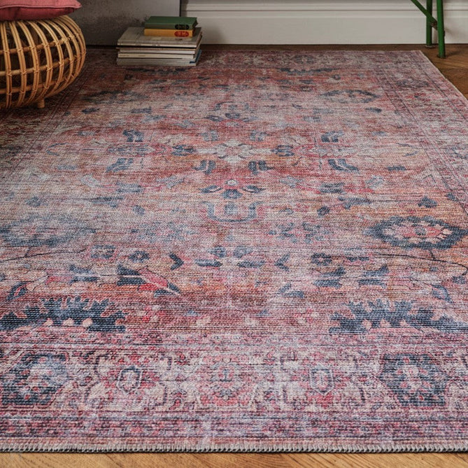 Washable Kaya Sima KY06 Traditional Persian Vintage Distressed Floral Durable Chenille Polyester Flatweave Red/Blue/Pink/Grey/Yellow/Multicolour Rug-Asiatic Carpets-Rug Love - The Most Loved Rug Store