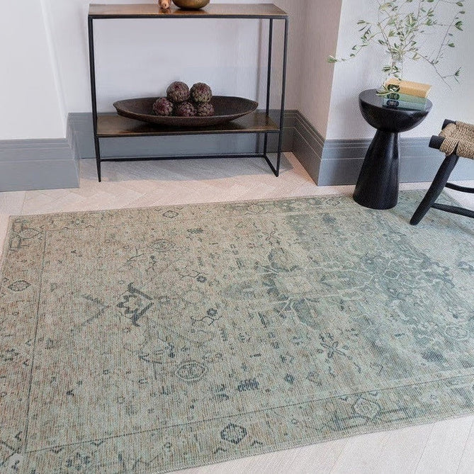 Washable Kaya Vida KY04 Traditional Persian Vintage Distressed Floral Durable Chenille Polyester Flatweave Pale Sage Green/Beige/Grey/Multicolour Rug-Asiatic Carpets-Rug Love - The Most Loved Rug Store