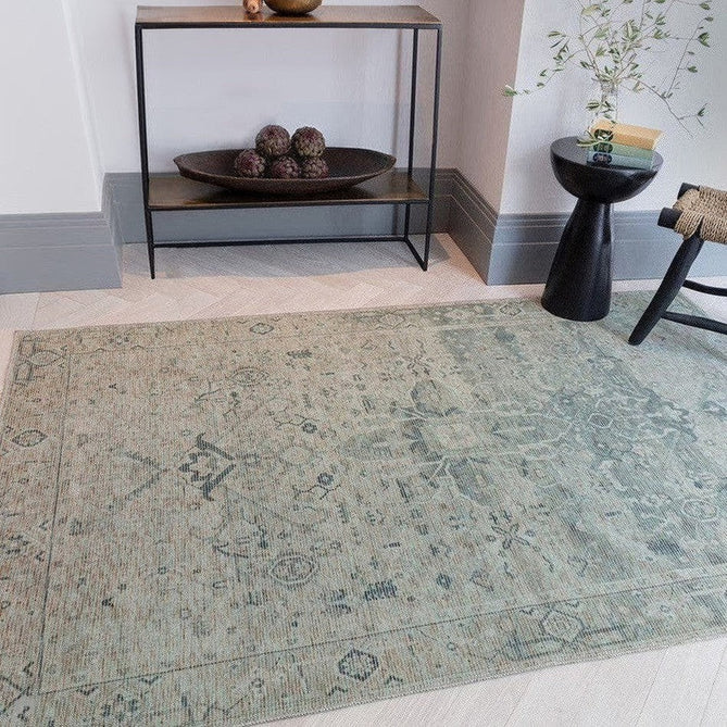 Washable Kaya Vida KY04 Traditional Persian Vintage Distressed Floral Durable Chenille Polyester Flatweave Pale Sage Green/Beige/Grey/Multicolour Rug-Asiatic Carpets-Rug Love - The Most Loved Rug Store