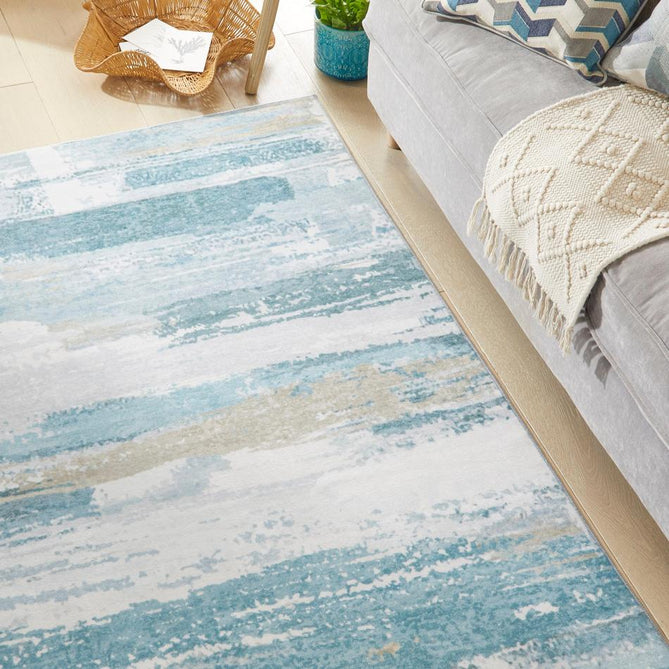 Washable Liberty LIB101 Modern Abstract Distressed Easy-Care Soft Smooth Velvet Touch Polyester Short Pile Flatweave Ivory/Sky Blue/Aqua/Grey/Beige Rug-Concept Looms-Rug Love - The Most Loved Rug Store