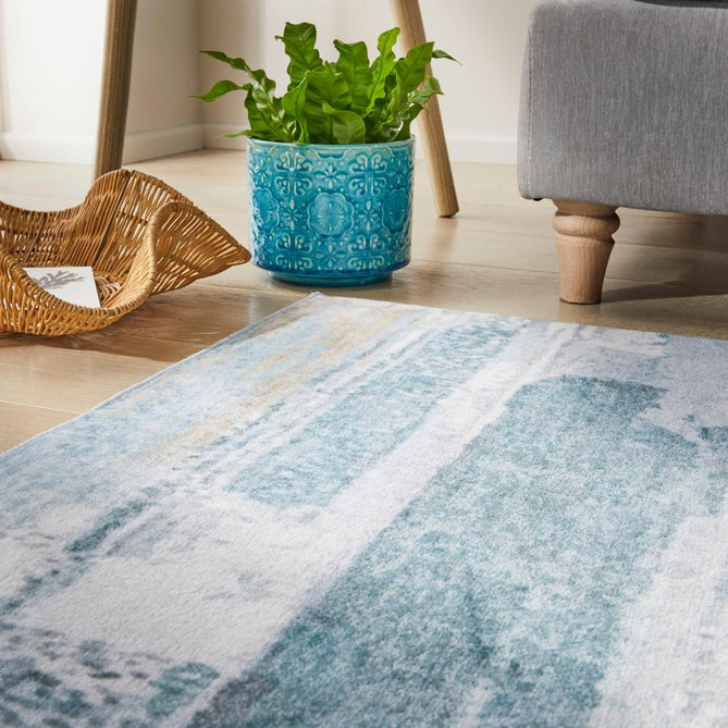 Washable Liberty LIB101 Modern Abstract Distressed Easy-Care Soft Smooth Velvet Touch Polyester Short Pile Flatweave Ivory/Sky Blue/Aqua/Grey/Beige Rug-Concept Looms-Rug Love - The Most Loved Rug Store