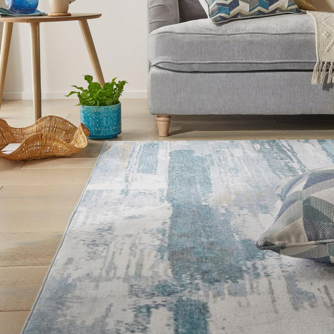 Washable Liberty LIB101 Modern Abstract Distressed Easy-Care Soft Smooth Velvet Touch Polyester Short Pile Flatweave Ivory/Sky Blue/Aqua/Grey/Beige Rug-Concept Looms-Rug Love - The Most Loved Rug Store