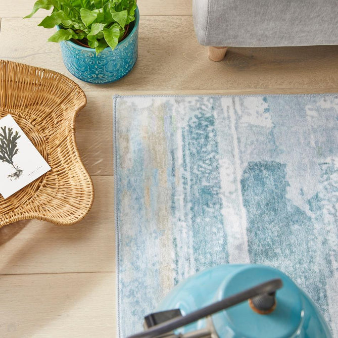 Washable Liberty LIB101 Modern Abstract Distressed Easy-Care Soft Smooth Velvet Touch Polyester Short Pile Flatweave Ivory/Sky Blue/Aqua/Grey/Beige Rug-Concept Looms-Rug Love - The Most Loved Rug Store