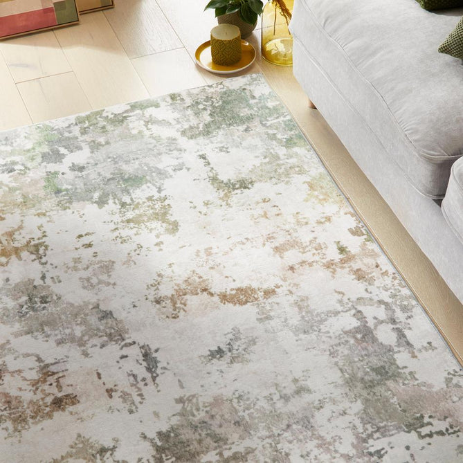 Washable Liberty LIB102 Modern Abstract Distressed Easy-Care Soft Smooth Velvet Touch Polyester Short Pile Flatweave Pastel/Ivory/Sage/Sand/Clay Terra/Taupe Rug-Concept Looms-Rug Love - The Most Loved Rug Store