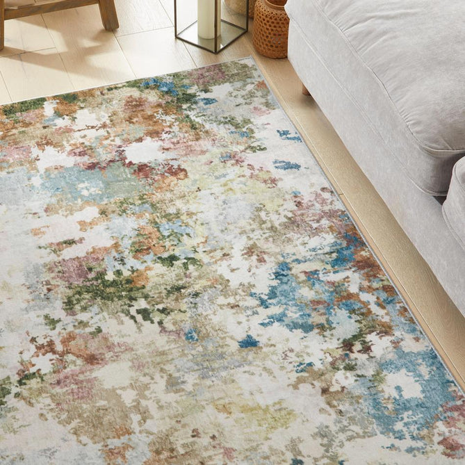 Washable Liberty LIB103 Modern Abstract Distressed Easy-Care Soft Smooth Velvet Touch Polyester Short Pile Flatweave Palette/Ivory/Sky/Teal/Olive/Golden Sand/Rust/Mauve Rug-Concept Looms-Rug Love - The Most Loved Rug Store