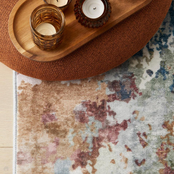 Washable Liberty LIB103 Modern Abstract Distressed Easy-Care Soft Smooth Velvet Touch Polyester Short Pile Flatweave Palette/Ivory/Sky/Teal/Olive/Golden Sand/Rust/Mauve Rug-Concept Looms-Rug Love - The Most Loved Rug Store