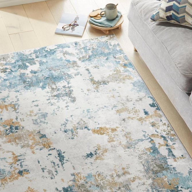 Washable Liberty LIB104 Modern Abstract Distressed Easy-Care Soft Smooth Velvet Touch Polyester Short Pile Flatweave Ivory/Aqua/Teal Blue/Ochre/Grey/Olive Rug-Concept Looms-Rug Love - The Most Loved Rug Store