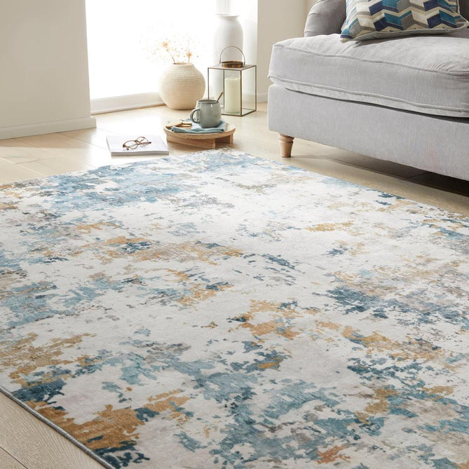 Washable Liberty LIB104 Modern Abstract Distressed Easy-Care Soft Smooth Velvet Touch Polyester Short Pile Flatweave Ivory/Aqua/Teal Blue/Ochre/Grey/Olive Rug-Concept Looms-Rug Love - The Most Loved Rug Store