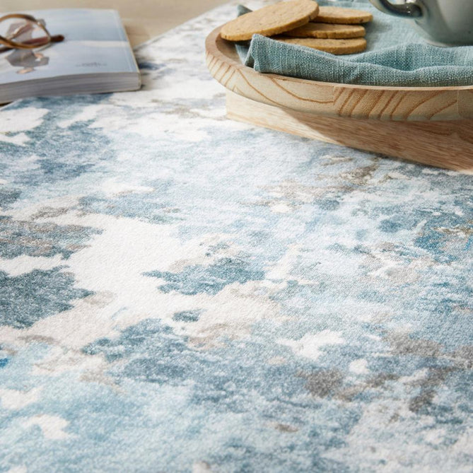 Washable Liberty LIB104 Modern Abstract Distressed Easy-Care Soft Smooth Velvet Touch Polyester Short Pile Flatweave Ivory/Aqua/Teal Blue/Ochre/Grey/Olive Rug-Concept Looms-Rug Love - The Most Loved Rug Store