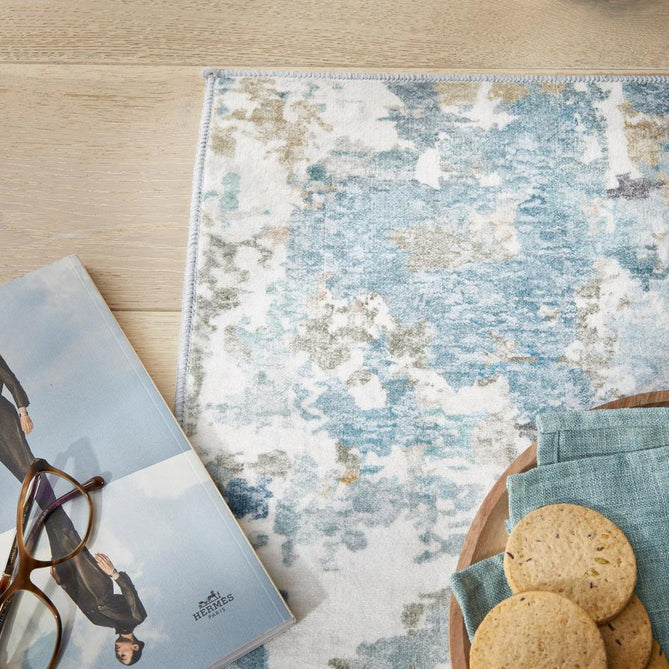Washable Liberty LIB104 Modern Abstract Distressed Easy-Care Soft Smooth Velvet Touch Polyester Short Pile Flatweave Ivory/Aqua/Teal Blue/Ochre/Grey/Olive Rug-Concept Looms-Rug Love - The Most Loved Rug Store
