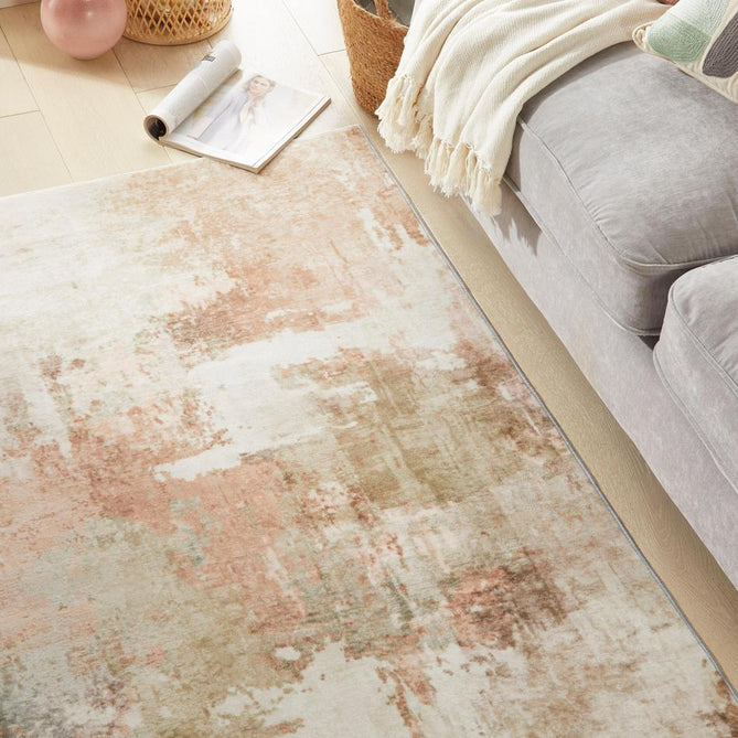 Washable Liberty LIB105 Modern Abstract Distressed Easy-Care Soft Smooth Velvet Touch Polyester Short Pile Flatweave Spring/Ivory/Blush/Peach Coral/Sage/Olive/Blue/Taupe Rug-Concept Looms-Rug Love - The Most Loved Rug Store