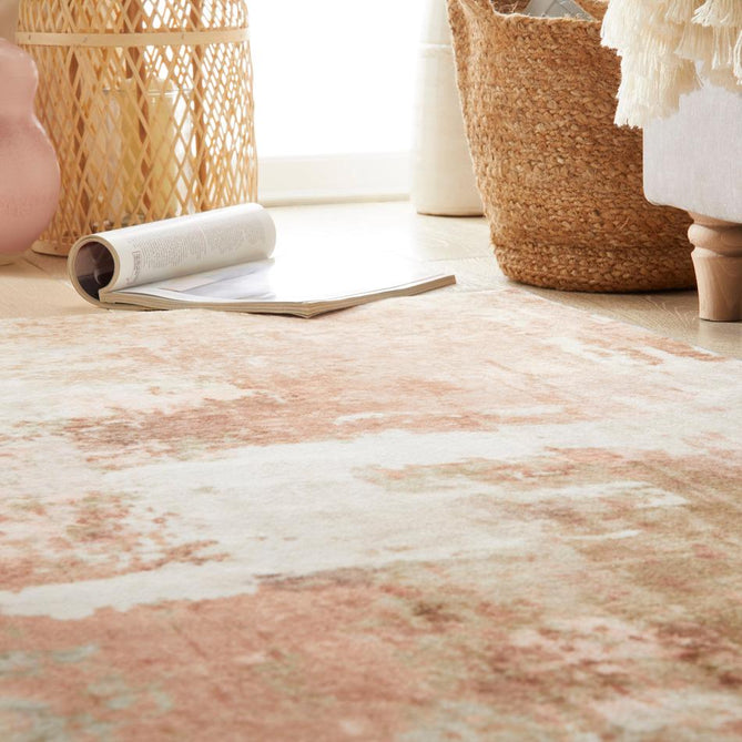 Washable Liberty LIB105 Modern Abstract Distressed Easy-Care Soft Smooth Velvet Touch Polyester Short Pile Flatweave Spring/Ivory/Blush/Peach Coral/Sage/Olive/Blue/Taupe Rug-Concept Looms-Rug Love - The Most Loved Rug Store