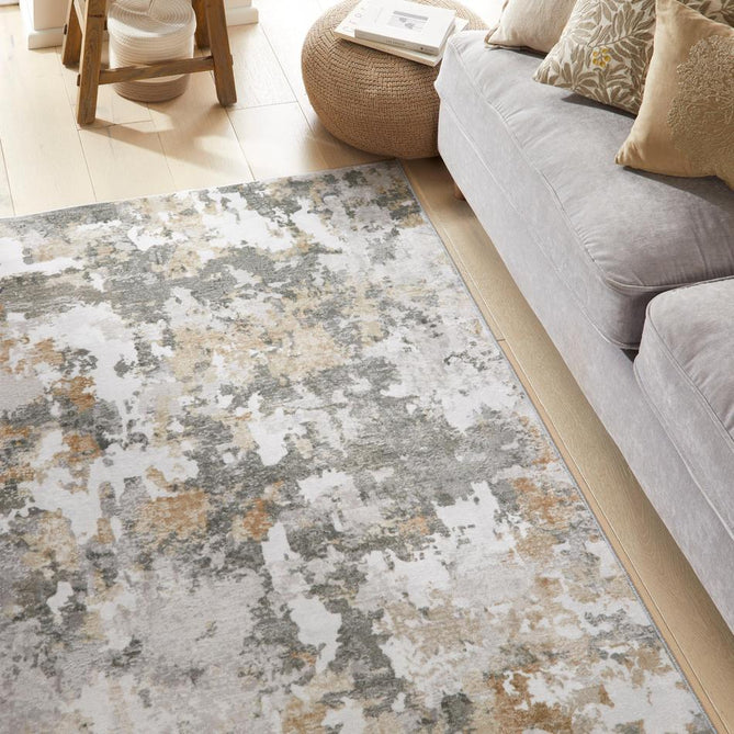 Washable Liberty LIB106 Modern Abstract Distressed Easy-Care Soft Smooth Velvet Touch Polyester Short Pile Flatweave Quarry/Ivory/Steel Grey/Charcoal/Beige/Ochre Rug-Concept Looms-Rug Love - The Most Loved Rug Store