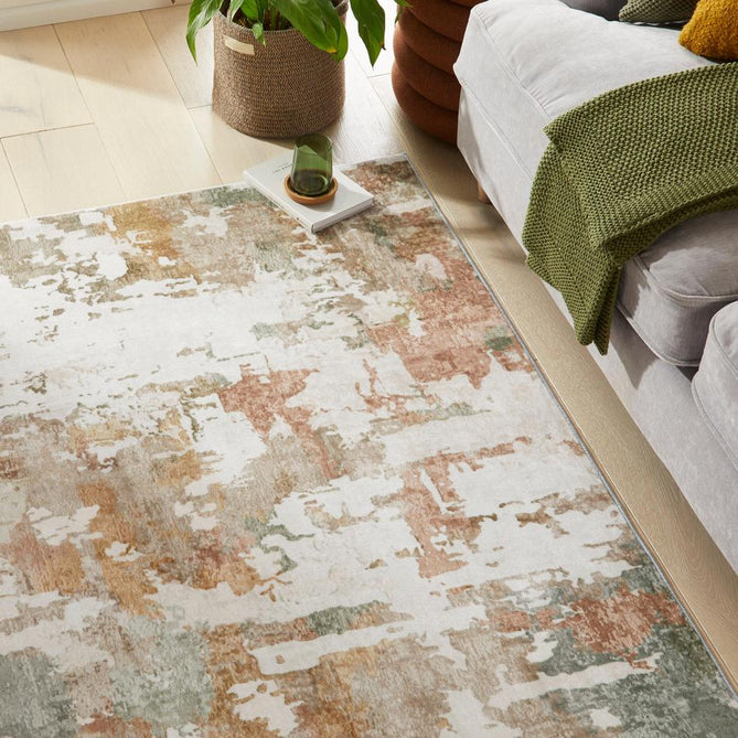 Washable Liberty LIB107 Modern Abstract Distressed Easy-Care Soft Smooth Velvet Touch Polyester Short Pile Flatweave Autumn/Ivory/Rust/Golden Ochre/Sage/Taupe Rug-Concept Looms-Rug Love - The Most Loved Rug Store