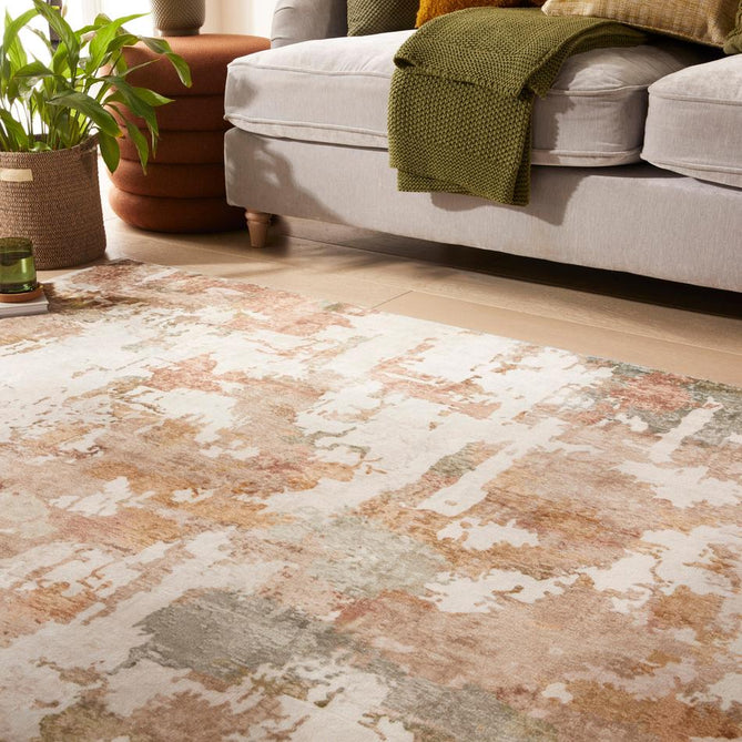 Washable Liberty LIB107 Modern Abstract Distressed Easy-Care Soft Smooth Velvet Touch Polyester Short Pile Flatweave Autumn/Ivory/Rust/Golden Ochre/Sage/Taupe Rug-Concept Looms-Rug Love - The Most Loved Rug Store