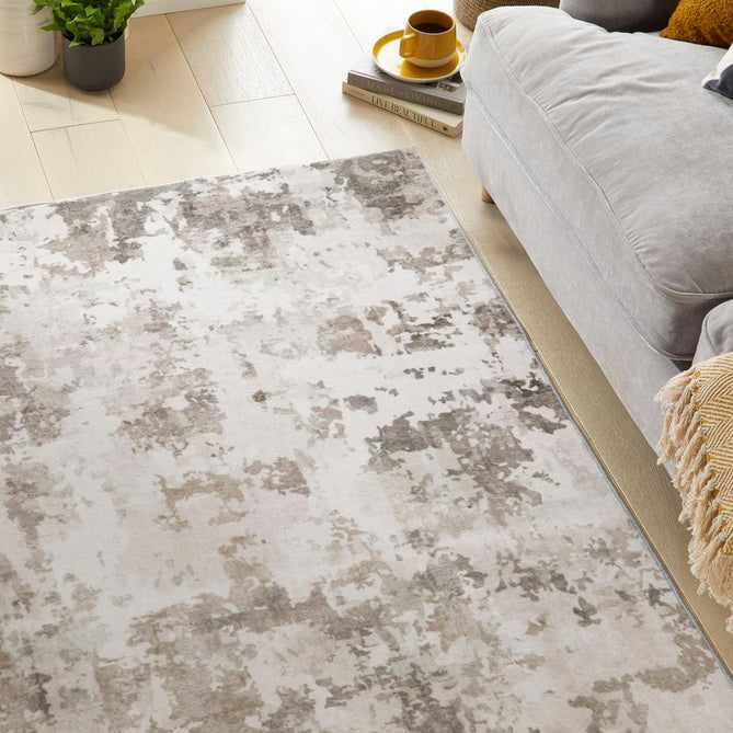 Washable Liberty LIB108 Modern Abstract Distressed Easy-Care Soft Smooth Velvet Touch Polyester Short Pile Flatweave Dove/Ivory/Warm Taupe/Pale Dove Grey/Charcoal/Beige/Stone Rug-Concept Looms-Rug Love - The Most Loved Rug Store