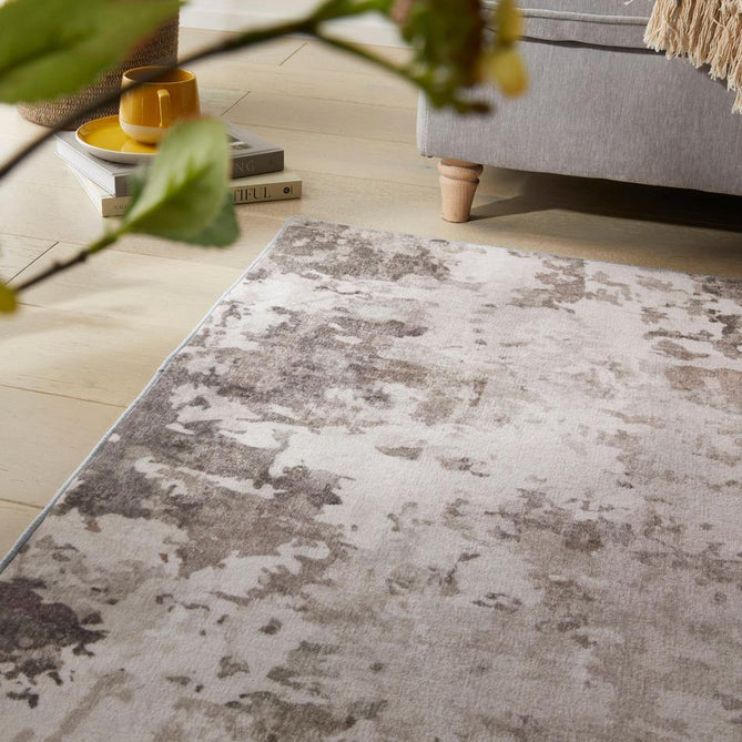 Washable Liberty LIB108 Modern Abstract Distressed Easy-Care Soft Smooth Velvet Touch Polyester Short Pile Flatweave Dove/Ivory/Warm Taupe/Pale Dove Grey/Charcoal/Beige/Stone Rug-Concept Looms-Rug Love - The Most Loved Rug Store
