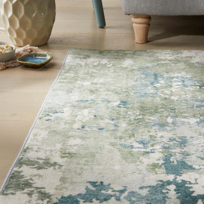 Washable Liberty LIB109 Modern Abstract Distressed Easy-Care Soft Smooth Velvet Touch Polyester Short Pile Flatweave Ivory/Seafoam Green/Teal Blue/Grey/Olive Rug-Concept Looms-Rug Love - The Most Loved Rug Store