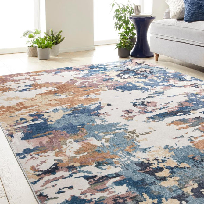 Washable Liberty LIB110 Modern Abstract Distressed Easy-Care Soft Smooth Velvet Touch Polyester Short Pile Flatweave Cobalt Blue/Navy/Rust Brown/Blush/Beige/Ivory Rug-Concept Looms-Rug Love - The Most Loved Rug Store