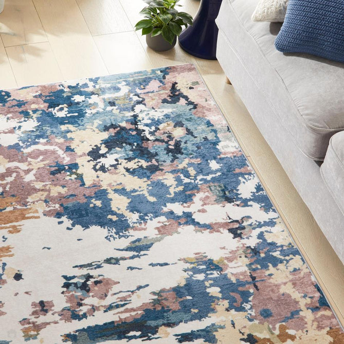 Washable Liberty LIB110 Modern Abstract Distressed Easy-Care Soft Smooth Velvet Touch Polyester Short Pile Flatweave Cobalt Blue/Navy/Rust Brown/Blush/Beige/Ivory Rug-Concept Looms-Rug Love - The Most Loved Rug Store