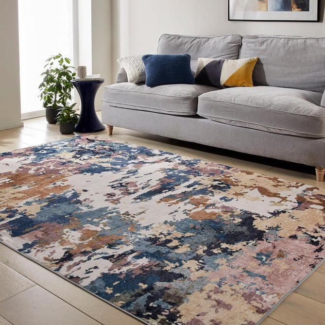 Washable Liberty LIB110 Modern Abstract Distressed Easy-Care Soft Smooth Velvet Touch Polyester Short Pile Flatweave Cobalt Blue/Navy/Rust Brown/Blush/Beige/Ivory Rug-Concept Looms-Rug Love - The Most Loved Rug Store