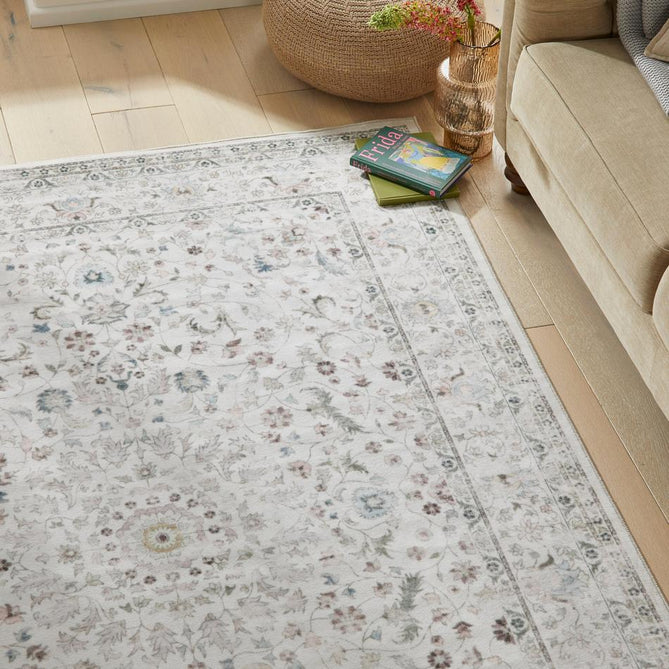 Washable Liberty LIB201 Traditional Distressed Floral Medallion Border Easy-Care Soft Smooth Velvet Touch Polyester Short Pile Flatweave Cream/Pale Grey/Blush/Dusty Blue/Muted Green/Taupe Rug-Concept Looms-Rug Love - The Most Loved Rug Store