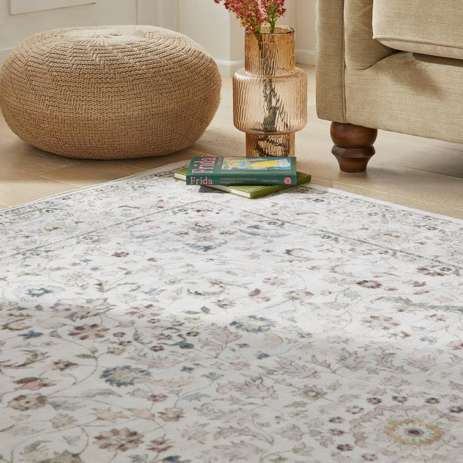 Washable Liberty LIB201 Traditional Distressed Floral Medallion Border Easy-Care Soft Smooth Velvet Touch Polyester Short Pile Flatweave Cream/Pale Grey/Blush/Dusty Blue/Muted Green/Taupe Rug-Concept Looms-Rug Love - The Most Loved Rug Store