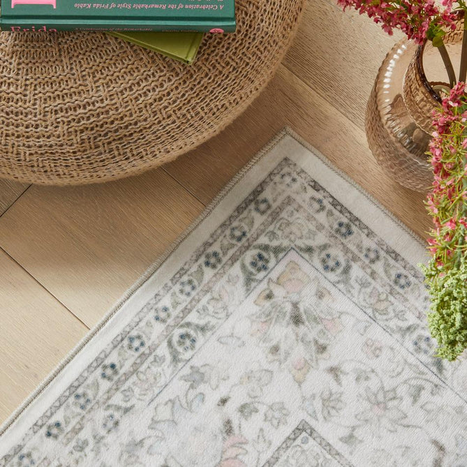 Washable Liberty LIB201 Traditional Distressed Floral Medallion Border Easy-Care Soft Smooth Velvet Touch Polyester Short Pile Flatweave Cream/Pale Grey/Blush/Dusty Blue/Muted Green/Taupe Rug-Concept Looms-Rug Love - The Most Loved Rug Store