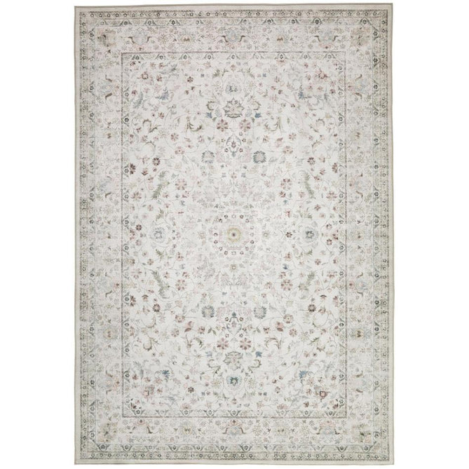 Washable Liberty LIB201 Traditional Distressed Floral Medallion Border Easy-Care Soft Smooth Velvet Touch Polyester Short Pile Flatweave Cream/Pale Grey/Blush/Dusty Blue/Muted Green/Taupe Rug 160 x 230 cm