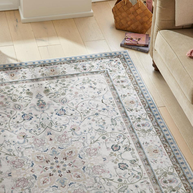 Washable Liberty LIB202 Traditional Distressed Floral Medallion Border Easy-Care Soft Smooth Velvet Touch Polyester Short Pile Flatweave Ivory/Pastel Blue/Soft Pink/Sage/Taupe/Lilac/Charcoal Rug-Concept Looms-Rug Love - The Most Loved Rug Store